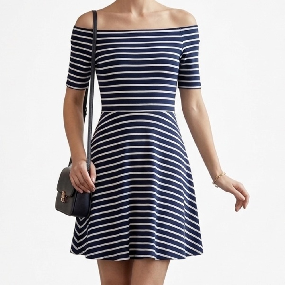 White House Black Market Striped Off-the-Shoulder Fit & Flare Dress